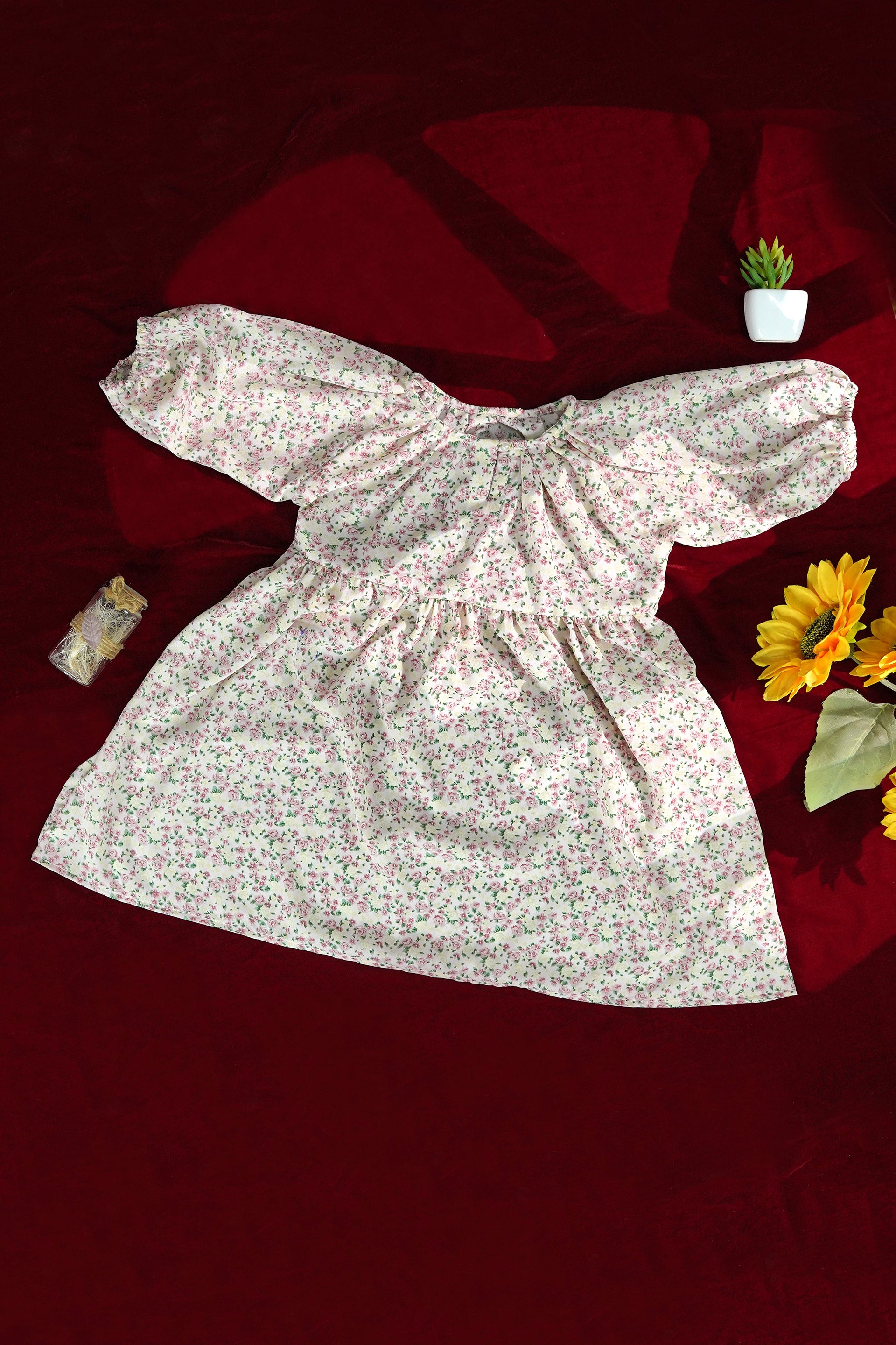 Off-White and Pink Floral Georgette Frock